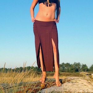 COFFEE BROWN casual sexy elegant boho beach resort festival burning man double front slit toga maxi skirt