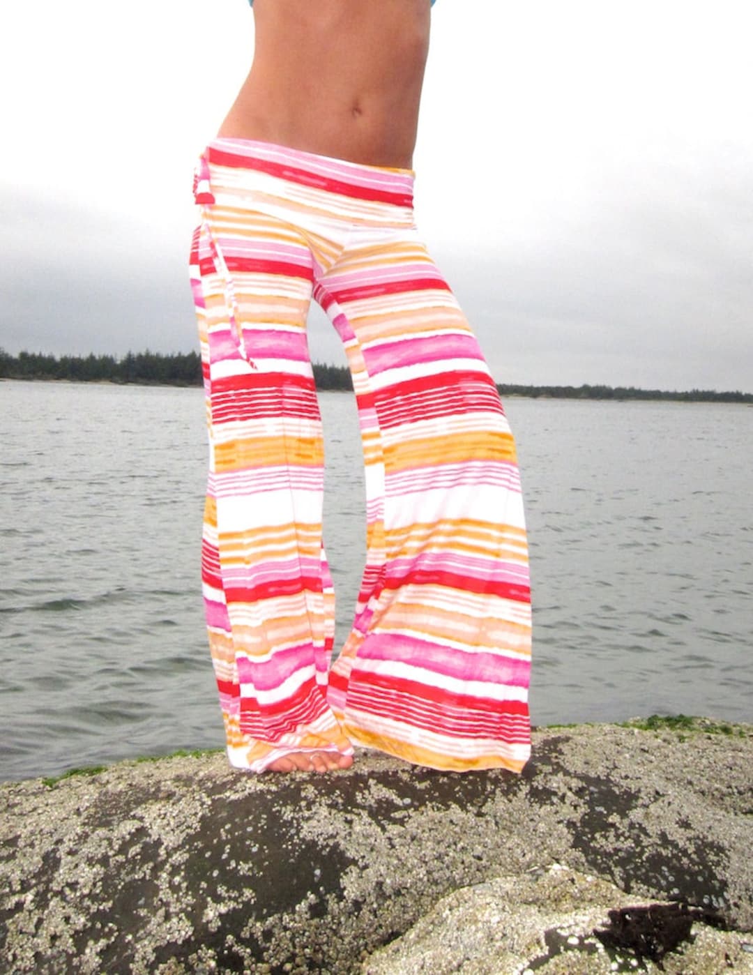 WIDE LEG Red Purple Orange Striped Rayon Palazzo Gaucho Yoga