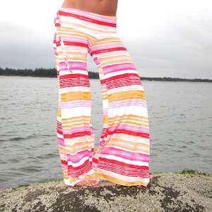 WIDE LEG red purple orange striped rayon palazzo gaucho yoga lounge casual beach pants with side drawstring image 1