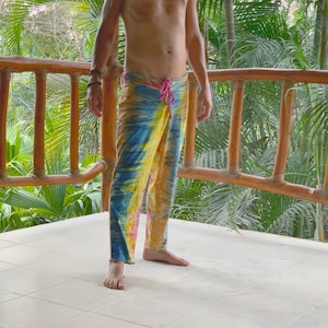 Men&#39;s TIE DYE cotton bohemian yoga lounge beach resort pants with adjustable drawstring waistband