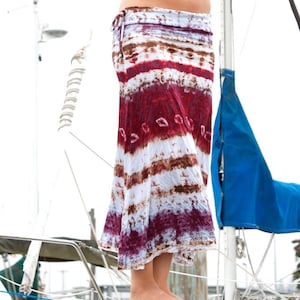 RAYON tie dye boho beach festival resort all season berry and silver maxi skirt with side drawstring