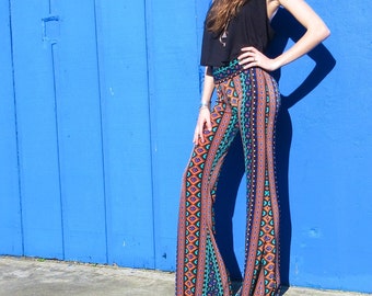 AZTEC TRIBAL STRIPE teal rust brown flare leg bell bottom fashion gypsy hippie retro festival yoga beach lounge pants