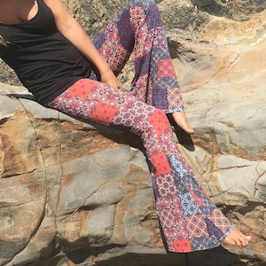 PATCHWORK PRINT 70's flare leg bell bottom wide leg fall retro fashion gypsy hippie festival pants