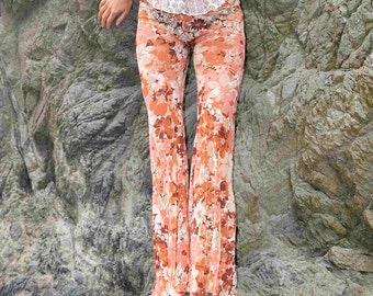 70'S FLOWER POWER lace tan hippie chic boho dance beach resort yoga festival burning man gypsy flare bell bottom pants