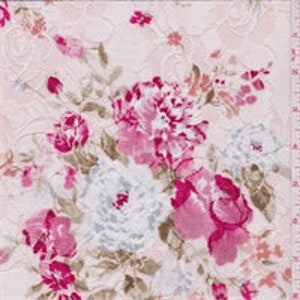 May include: Pink, white, and red floral fabric with a textured, embossed design. The fabric features a variety of flowers, including roses, peonies, and other blooms.