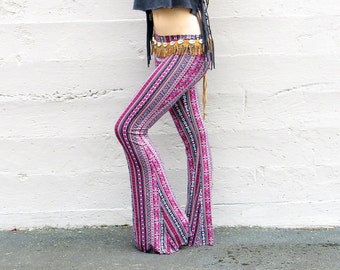 BOHEMIAN sexy Indian print  fall fashion cotton rayon 70's flare leg gypsy hippie retro festival yoga beach lounge bell bottoms