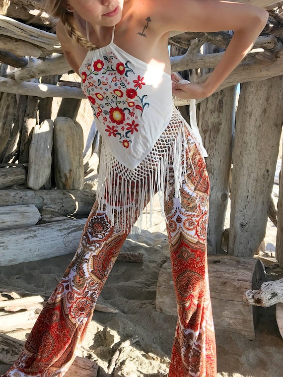 PAISLEY VELVET 70's Velour Free People Janis Joplin Hippie Chic Boho Dance  Festival Burning Man Gypsy Flare Bell Bottom Pants or Leggings 