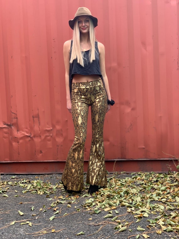 GOLD SUEDE Snakeskin Animal Jungle Print Bell Bottom or LEGGINGS Fashion  Gypsy Hippie Retro Festival Yoga Dance Resort Beach Lounge Pants 