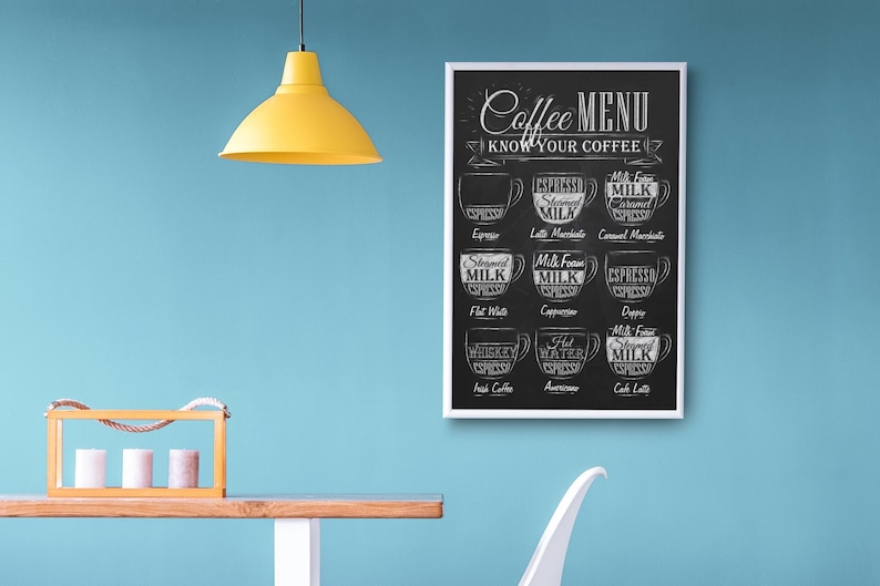 K&ouml;nnte beinhalten: Ein schwarz-wei&szlig;es Schild aus Schiefer mit dem Text "Coffee Menu Know Your Coffee" und Illustrationen verschiedener Kaffeegetr&auml;nke. Das Schild h&auml;ngt an einer hellblauen Wand.