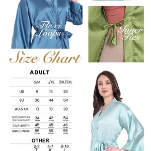 Satin kimono robe size chart showing S/M, L/XL, 2XL/3XL measurements. Features include flexi loops, inner ties, and belt sash. Perfect for personalized bridesmaid robes, bridal party robes, bride robes, mother of the bride robes, and silk dressing gowns for weddings or lounge and sleepwear.