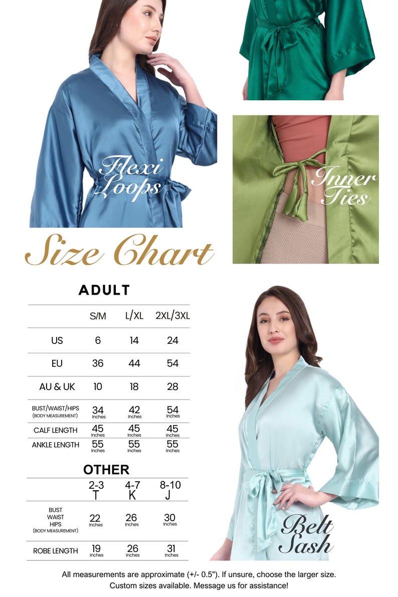 Satin kimono robe size chart showing S/M, L/XL, 2XL/3XL measurements. Features include flexi loops, inner ties, and belt sash. Perfect for personalized bridesmaid robes, bridal party robes, bride robes, mother of the bride robes, and silk dressing gowns for weddings or lounge and sleepwear.