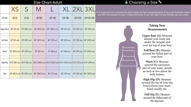 The image is a size chart for adults, providing measurements for different body sizes, such as XS, SM, L, XL, 2XL, and 3L. It also includes a diagram of a person's body, showing the measurements and corresponding clothing sizes.