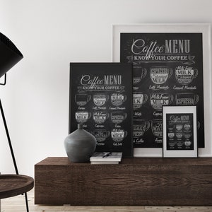 K&ouml;nnte beinhalten: Zwei schwarze gerahmte Tafeln mit wei&szlig;em Text und Illustrationen von Kaffeetassen. Die Schilder zeigen "Coffee Menu Know Your Coffee". Die Schilder h&auml;ngen an einer wei&szlig;en Wand &uuml;ber einem dunkelbraunen Holztisch.