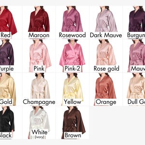 Satin bridal party robe color options including Red, Maroon, Rosewood, Mauve, Gold, Champagne, Pink, and Black. Ideal for personalized bridesmaid robes, bride robes, mother of the bride gifts, and wedding morning dressing gowns. Elegant silk kimono robes for bridesmaid proposals or lounge wear.