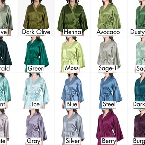 Color chart of satin bridesmaid robes in shades like Olive, Emerald, Sage, Mint, Blue, Gray, Berry, and Burgundy. Perfect for personalized bridesmaid robes, bride robes, maid of honor gifts, and bridal party getting-ready outfits. Silk kimono dressing gown for weddings, lounge and sleepwear.