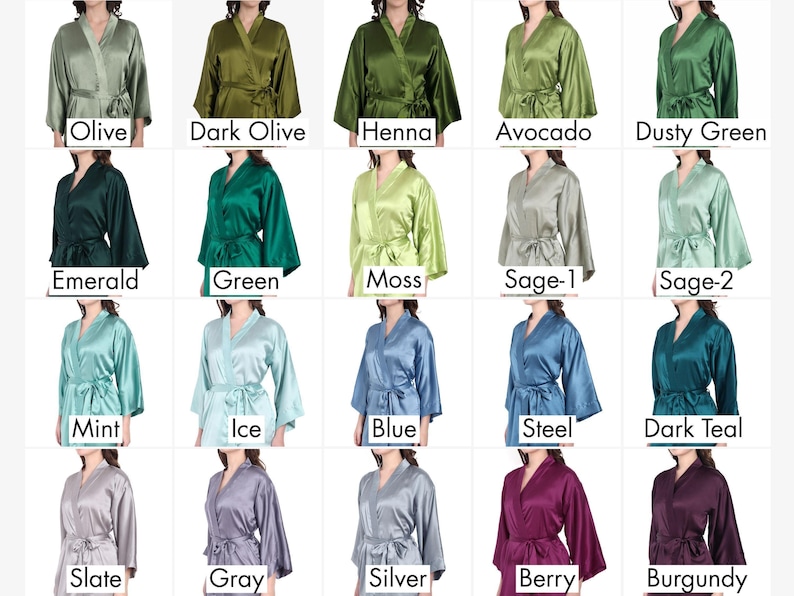 Color chart of satin bridesmaid robes in shades like Olive, Emerald, Sage, Mint, Blue, Gray, Berry, and Burgundy. Perfect for personalized bridesmaid robes, bride robes, maid of honor gifts, and bridal party getting-ready outfits. Silk kimono dressing gown for weddings, lounge and sleepwear.