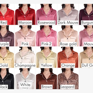 Color chart showing satin pajama sets in rich shades like Red, Maroon, Rosewood, Pink, Champagne, Black, White, and Leopard. Each pajama features a soft satin finish, contrast piping, and button-down design, ideal for personalized women’s sleepwear, bridal pajamas, or lounge gifts for bridesmaids and bridal parties.