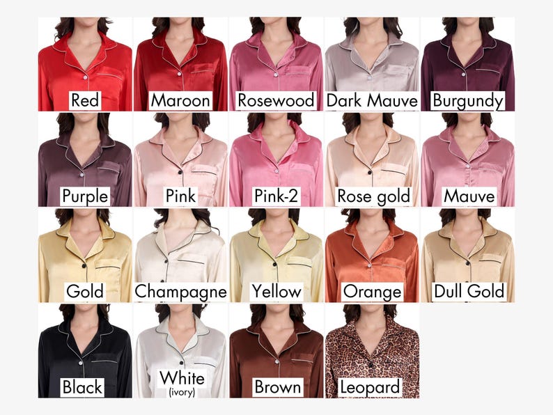 Color chart showing satin pajama sets in rich shades like Red, Maroon, Rosewood, Pink, Champagne, Black, White, and Leopard. Each pajama features a soft satin finish, contrast piping, and button-down design, ideal for personalized women’s sleepwear, bridal pajamas, or lounge gifts for bridesmaids and bridal parties.