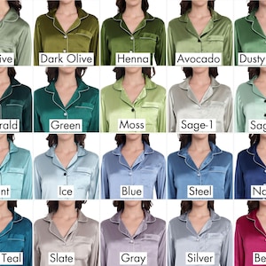 a grid of different color options for pajamas, including olive, dark olive, henna, avocado, dusty green, emerald, green, moss, sage-1, sage-2, mint, ice, blue, steel, navy, and berry.