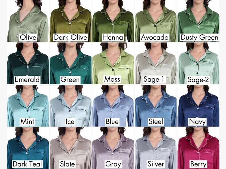 a grid of different color options for pajamas, including olive, dark olive, henna, avocado, dusty green, emerald, green, moss, sage-1, sage-2, mint, ice, blue, steel, navy, and berry.