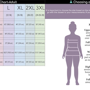 The image is a size chart for adults, providing measurements for different body sizes, such as XS, SM, L, XL, 2XL, and 3L. It also includes a diagram of a person's body, showing the measurements and corresponding clothing sizes.