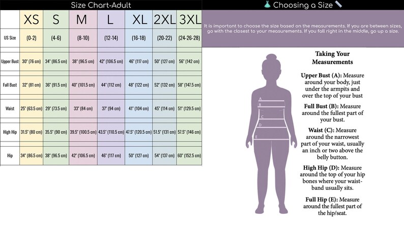 The image is a size chart for adults, providing measurements for different body sizes, such as XS, SM, L, XL, 2XL, and 3L. It also includes a diagram of a person's body, showing the measurements and corresponding clothing sizes.