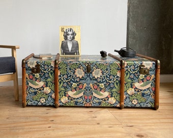 Strawberry Thief Coffee Table William Morris Wallpaper Bentwood Steamer Trunk | Unique Round Edge Toy Chest Bed End Storage Bench Furniture