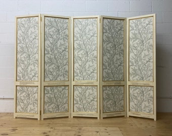 5 PANELS - Sanderson Wallpaper Room Divider Folding Screen | Handmade wooden Decorative Vintage Partition Furniture - DOILLON #FWSG