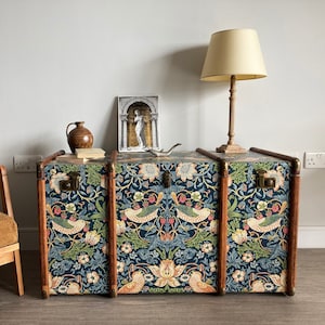 Strawberry Thief Coffee Table William Morris Wallpaper Bentwood Steamer Trunk | Unique Round Edge Toy Chest Bed End Storage Bench Furniture