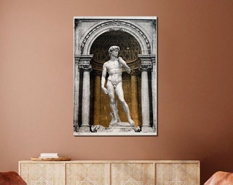 David of Michelangelo in Classical Trevi Fountain Architecture | Wall Art Decor in Gold | Altered Vintage Artwork Print or Maximalist Decor