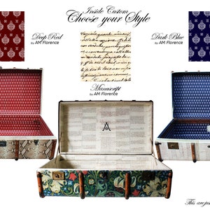 May include: Three open antique style suitcases with different interior lining patterns. The first suitcase has a red patterned lining, the second has a manuscript lining, and the third has a blue patterned lining. The text "Inside Custom Choose your Style" is at the top of the image.