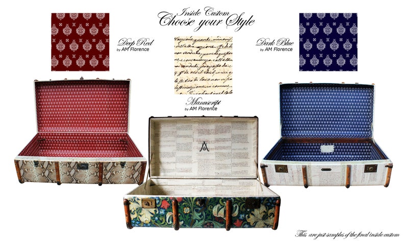 May include: Three open antique style suitcases with different interior lining patterns. The first suitcase has a red patterned lining, the second has a manuscript lining, and the third has a blue patterned lining. The text "Inside Custom Choose your Style" is at the top of the image.