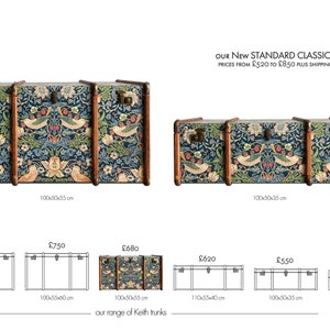 May include: A set of three vintage-style trunks with a floral pattern. The trunks are made of wood and have brass hardware. The trunks are available in different sizes and prices. Our new standard classics. Prices from $520 to $850 plus shipping.