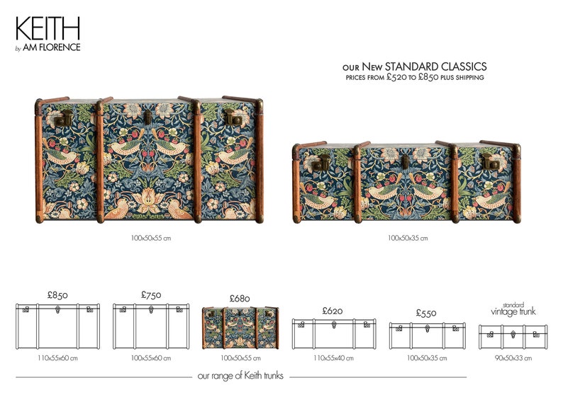 May include: A set of three vintage-style trunks with a floral pattern. The trunks are made of wood and have brass hardware. The trunks are available in different sizes and prices. Our new standard classics. Prices from $520 to $850 plus shipping.
