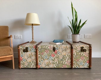 William Morris Coffee Table Wallpaper Bentwood Steamer Trunk | Unique Round Edge Toy Chest Bed End Storage Bench Furniture