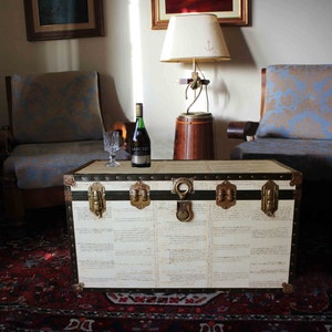 May include: A rectangular storage trunk featuring a cream-colored exterior with printed black text, dark brown trim, and brass-toned metal hardware including corner protectors, latches, and a central locking mechanism with a circular handle.
