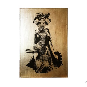 May include: A black and gold painting of a queen with a crown and a bird. The background is gold and the queen is wearing a long robe. The painting is titled "Queen by AJ Florence".