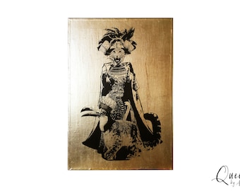 May include: A black and gold painting of a queen with a crown and a bird. The background is gold and the queen is wearing a long robe. The painting is titled "Queen by AJ Florence".