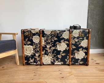 Bentwood Coffee Table Steamer Trunk with Sanderson Peony Tree Wallpaper | Unique Round Edge Toy Chest Bed End Storage Bench Furniture