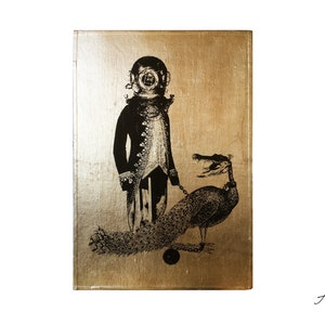 May include: A black and white illustration of a person wearing a diving helmet and a long coat, walking a peacock with a chain leash on a gold background. The text "Astronaut by-AJ Florence" is at the bottom of the image.