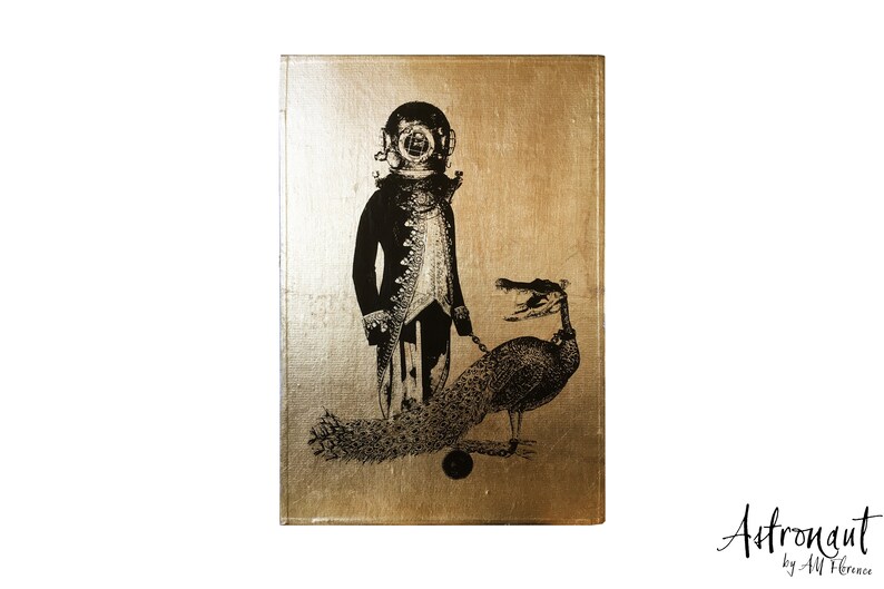 May include: A black and white illustration of a person wearing a diving helmet and a long coat, walking a peacock with a chain leash on a gold background. The text "Astronaut by-AJ Florence" is at the bottom of the image.