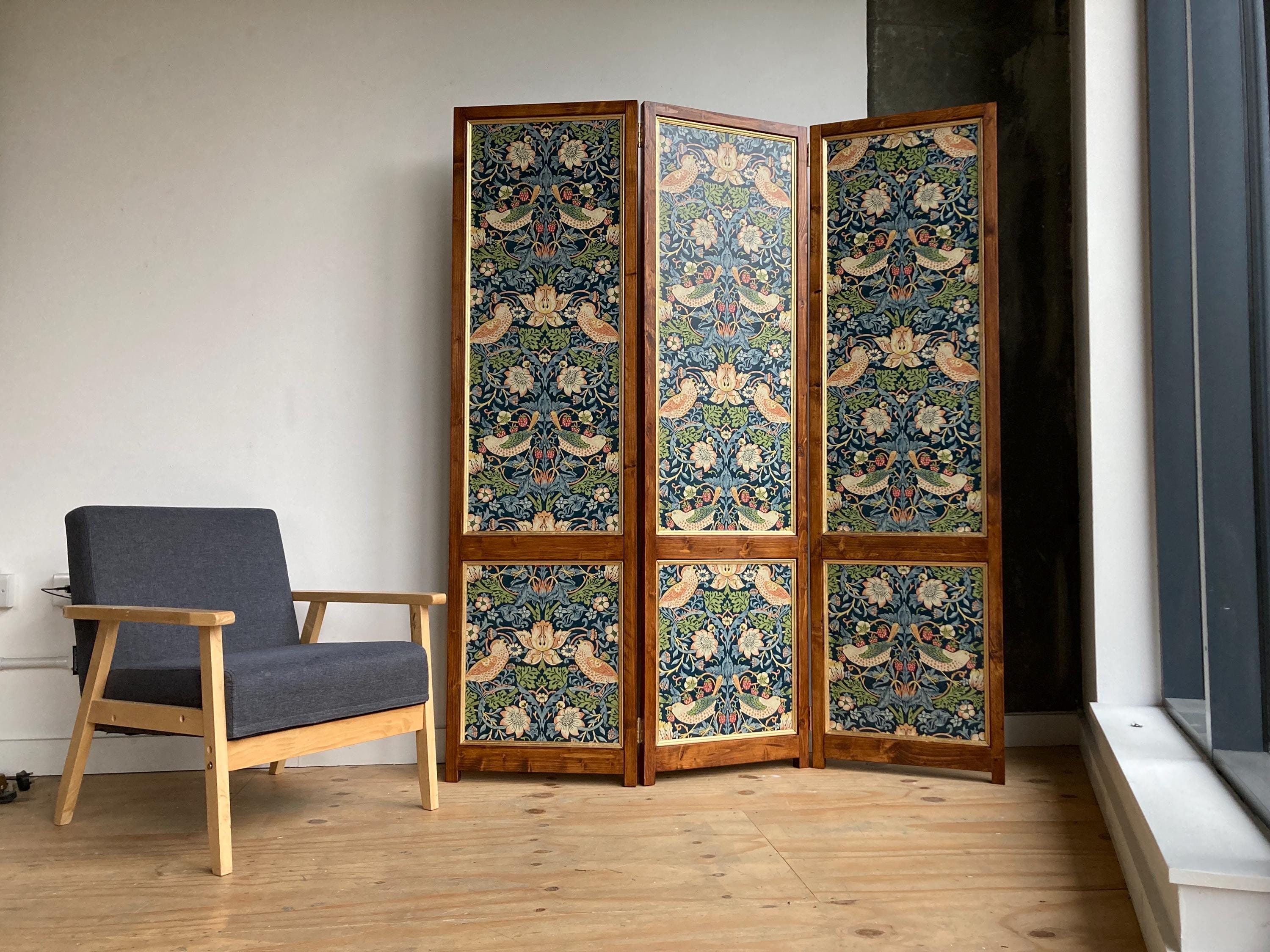 William Morris Wallpaper Room Divider Folding Screen | Handmade Decorative Vintage Partition Furniture with Dark Wood Frame - DOILLON #STIM