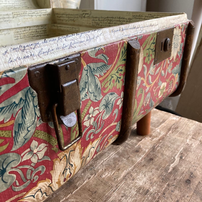 William Morris Steamer Trunk Coffee Table Unique Strawberry Thief Upcycle Furniture & vintage toy chest, storage bench or hope chest image 6