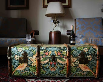 William Morris Steamer Trunk, Strawberry Thief Wallpaper, Upcycled Coffee Table