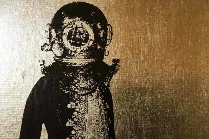 May include: A black and white silhouette of a diver wearing a vintage diving helmet against a gold background.