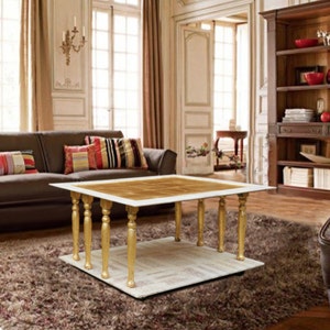 Unique Coffee table in gold and white manuscript, french style exclusive double shelf casters wheels: WASHINGTON