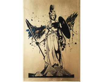 May include: A black and white illustration of a woman wearing a helmet and holding a spear and shield. The background is gold with black splatters of paint. The image is titled "Wisdom by Ali Hernandez".