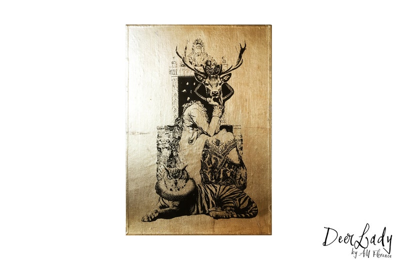 May include: A gold-toned canvas print featuring a black and white illustration of a deer-headed woman sitting on a throne with a tiger and an owl at her feet. The artwork is titled "Deer Lady" by AM Florence.