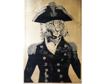 May include: A black and white illustration of a leopard wearing a gold-trimmed, black military uniform and a tricorn hat. The background is a gold metallic surface. The text "Captain Leopard by Alf Terence" is at the bottom of the image.