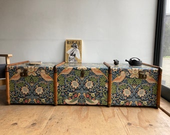 Strawberry Thief Coffee Table William Morris Wallpaper Bentwood Steamer Trunk | Unique Round Edge Toy Chest Bed End Storage Bench Furniture